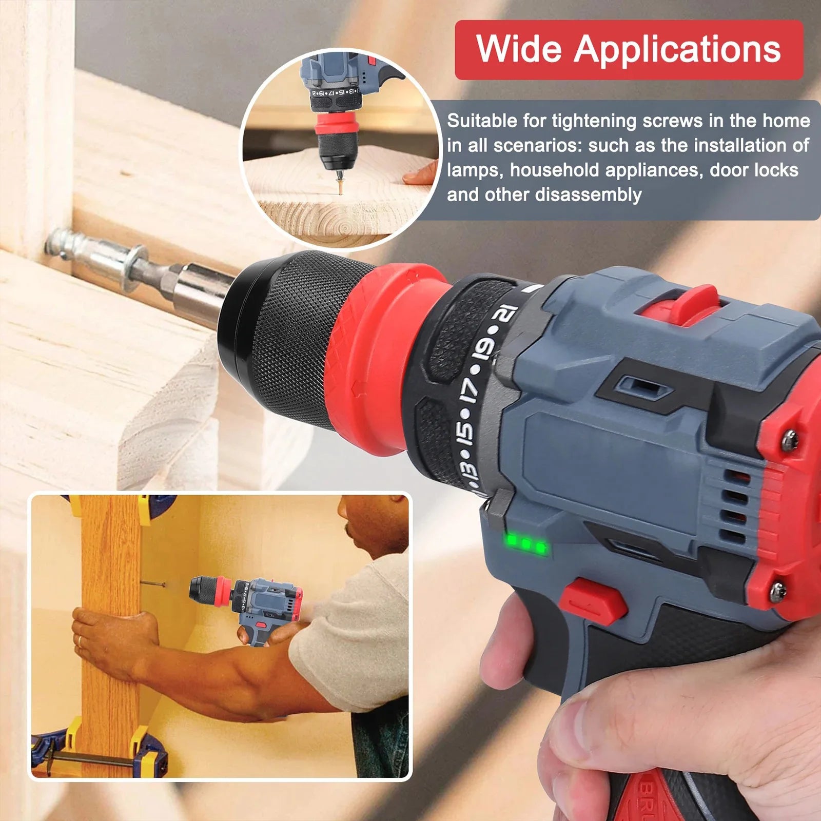 21V Cordless Electric Screwdriver Rechargeable 2 in 1 Brushless Impact Drill 2 Speed 55N.M Torque Power Tools with 2 Battery