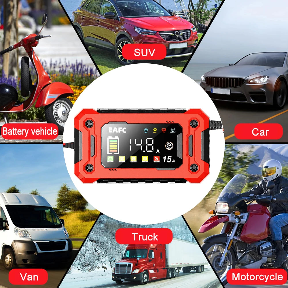EAFC 12V 15A Smart Car Battery Charger Pulse Repair Automatic Start Fast Charger For Motorcycle Truck Lead Acid Batteries