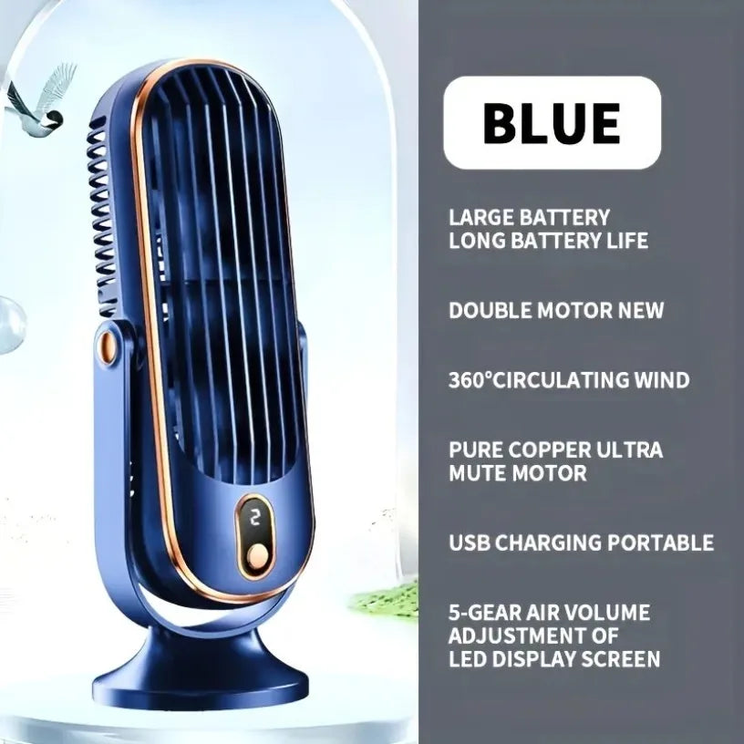 Portable USB Desk Fan Dual Motor 5-Speed LED Large Battery 360° Cooling Quiet for Office Home Travel Camping RV