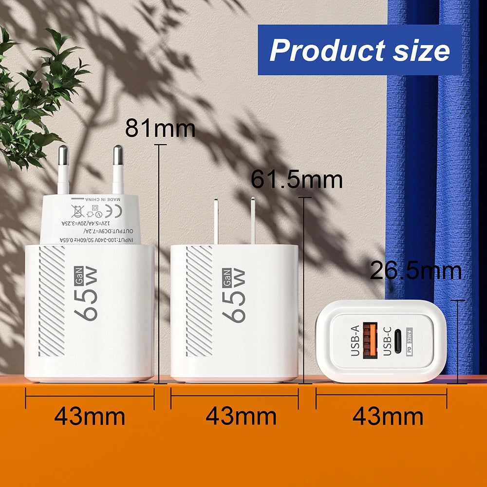 65W USB-C Charger GaN Fast Charging PD Type C Cable Mobile Phone Adapter Travel Wall Charger EU/US Plug For iPhone Xiaomi Huawei