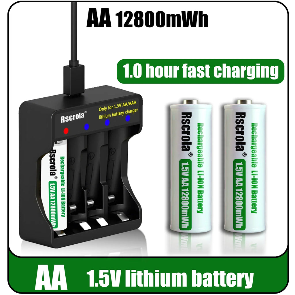 Rscrola Rechargeable 1.5V AA 12800mWh Lithium ion Battery Fast charging with Charger for Camare Clock  Mouse Fan Electric Toys