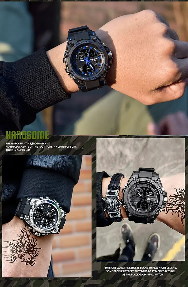 SANDA 739 Luxury Digital Quartz Watch for Men Military Army Waterproof Sport Wristwatches LED Dual Display Mens Reloj Hombre