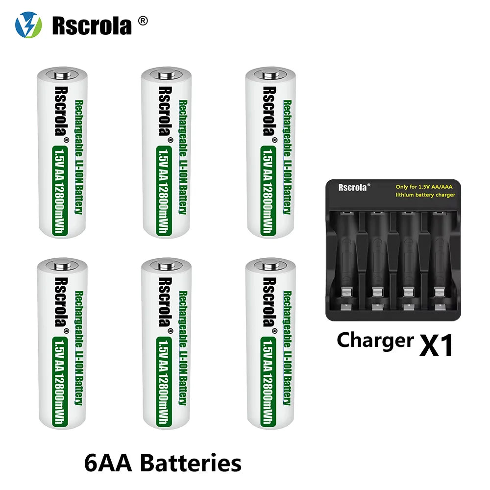 Rscrola Rechargeable 1.5V AA 12800mWh Lithium ion Battery Fast charging with Charger for Camare Clock  Mouse Fan Electric Toys