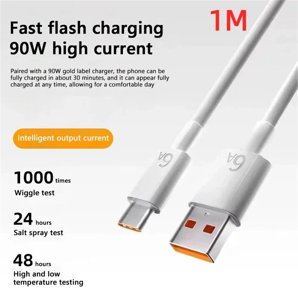 90W USB Charger Turbo Fast Charge 6A Type C Cable for Phone Adapter for Xiaomi 15 14 13 12 11 10 Ultra Redmi Note 12T 13 Pro