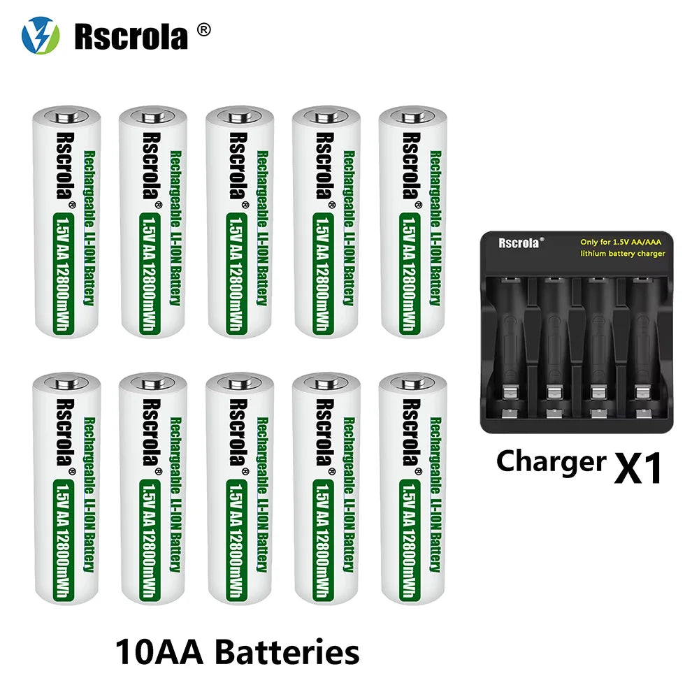 Rscrola Rechargeable 1.5V AA 12800mWh Lithium ion Battery Fast charging with Charger for Camare Clock  Mouse Fan Electric Toys
