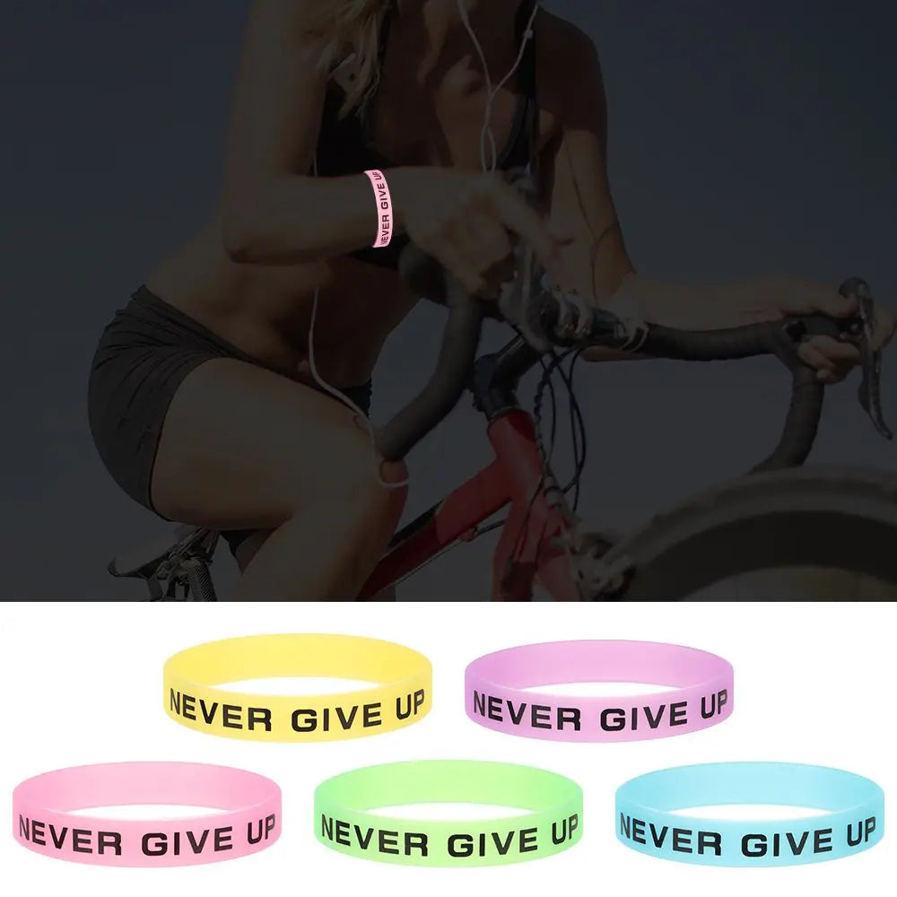 Fashion Teens Silicone Wristband Never Give Up Sport Cuff Bangle Luminous Rubber Bracelet Men Women