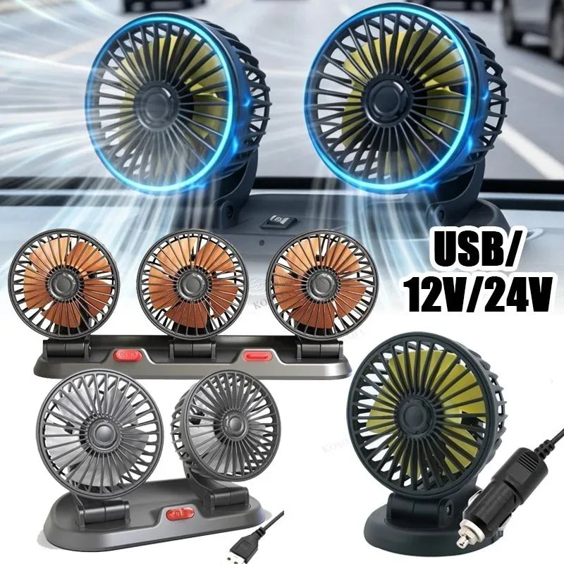 1/2/3 Head Car Fan Summer Air Fan USB/12V/24V Fan Cooler Adjustable 2 Speeds Silent Fan for Home Desk Office&Car Air Fan