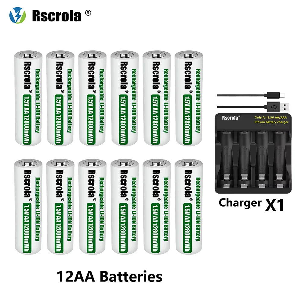 Rscrola Rechargeable 1.5V AA 12800mWh Lithium ion Battery Fast charging with Charger for Camare Clock  Mouse Fan Electric Toys