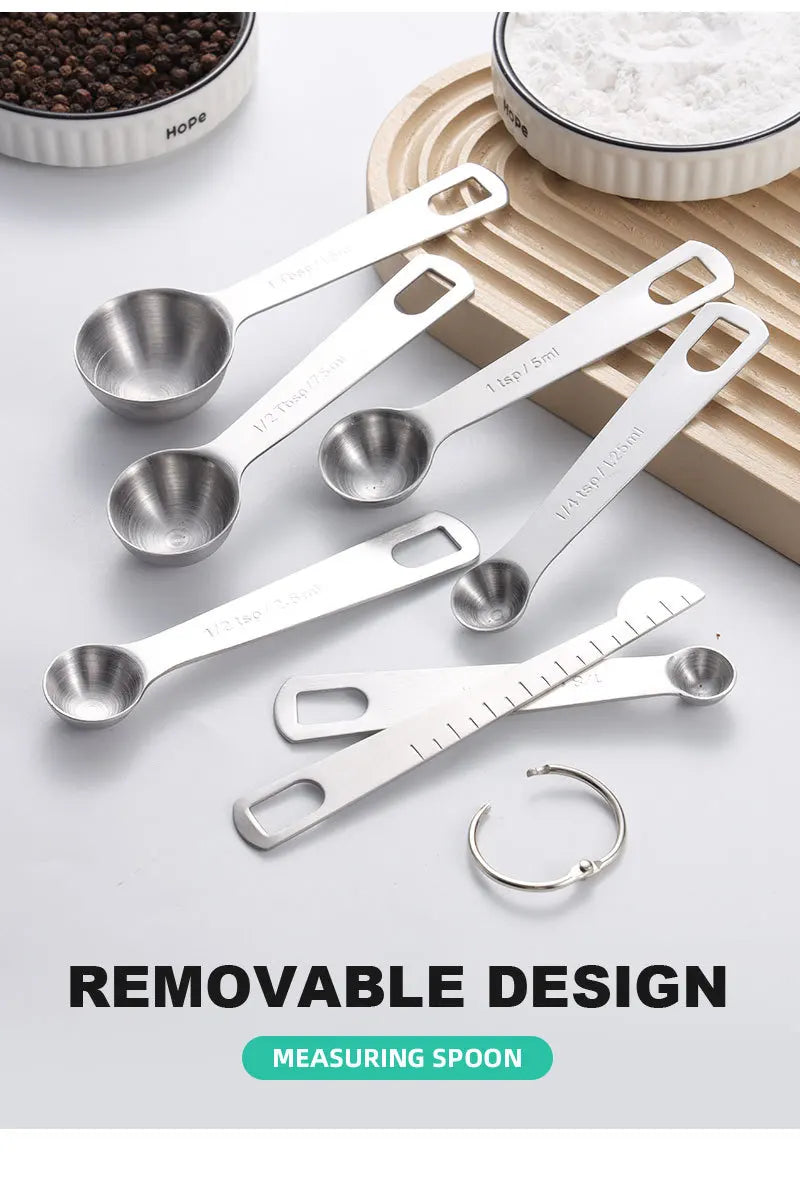Stainless steel measuring spoon 4/6/7/8 pcs set with scale measuring ruler spoon kitchen coffee baking measuring tool set