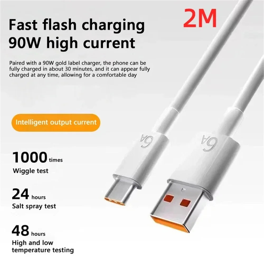 90W USB Charger Turbo Fast Charge 6A Type C Cable for Phone Adapter for Xiaomi 15 14 13 12 11 10 Ultra Redmi Note 12T 13 Pro