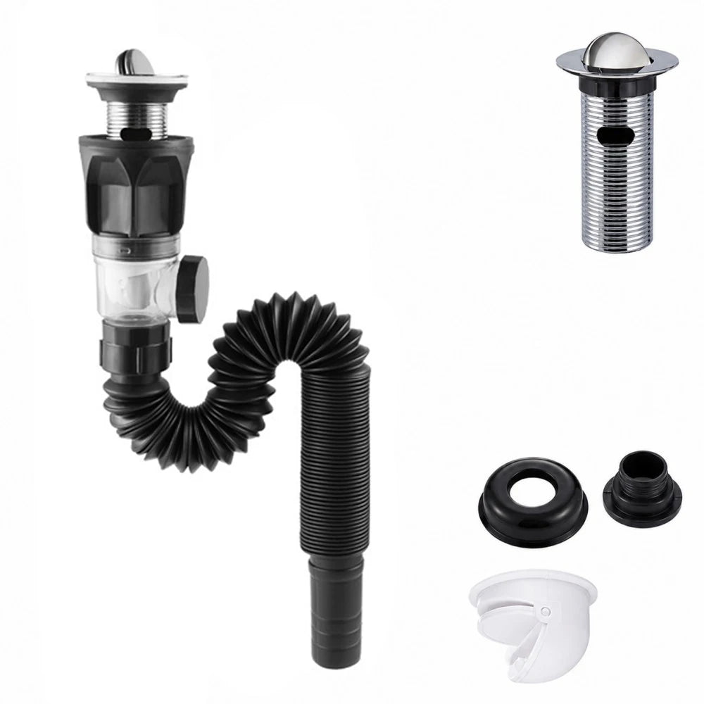 1-5Pcs Kitchen ABS Sink Drain Kit Drain Stopper Flexible Hose Body Stainless Steel Top Side Outlet Basin Drain Pipe Set