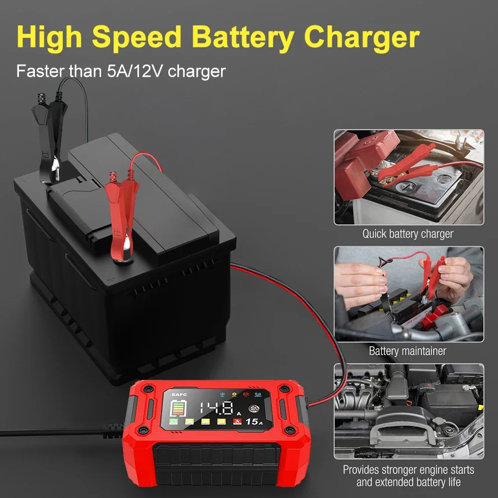 12V 15A/8A  Smart Car Battery Charger Pulse Repair Automatic Start Fast Charger Motorcycle Truck Lead Acid Batteries
