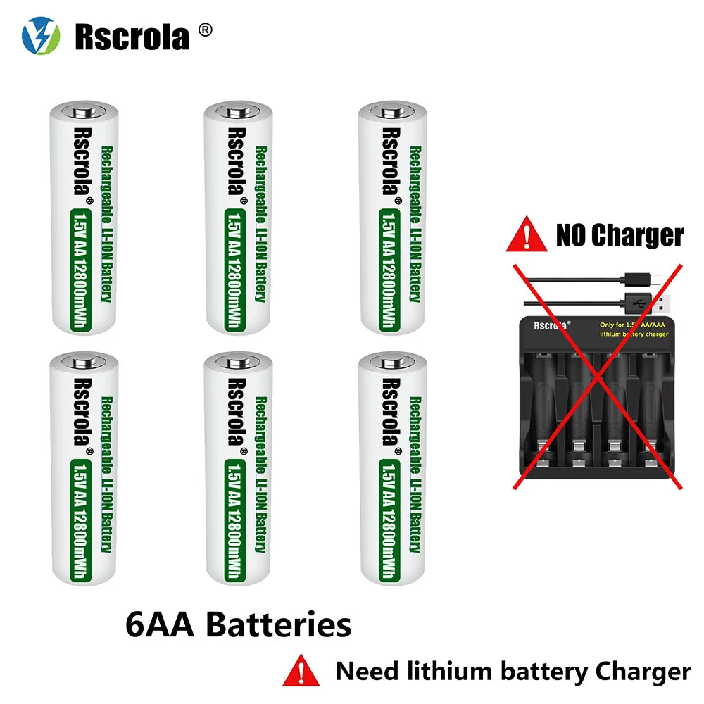 Rscrola Rechargeable 1.5V AA 12800mWh Lithium ion Battery Fast charging with Charger for Camare Clock  Mouse Fan Electric Toys