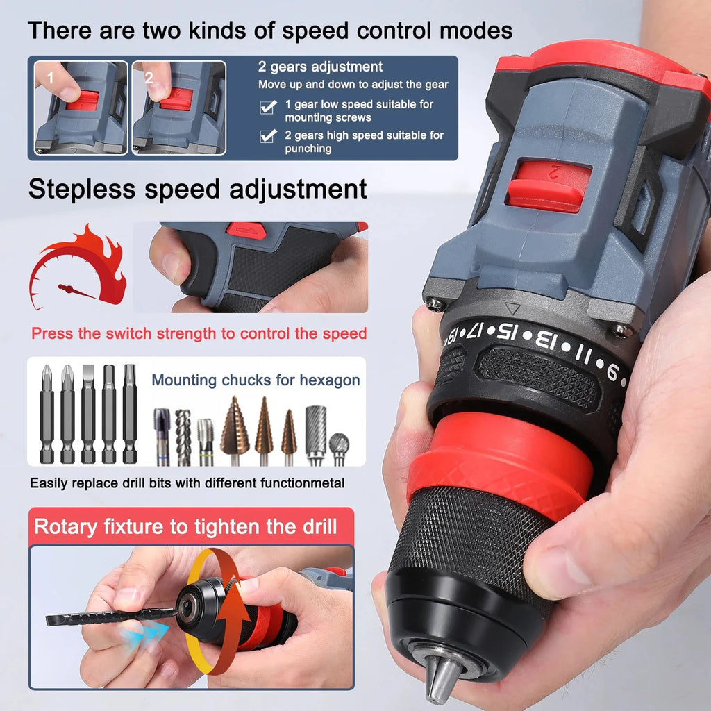 21V Cordless Electric Screwdriver Rechargeable 2 in 1 Brushless Impact Drill 2 Speed 55N.M Torque Power Tools with 2 Battery