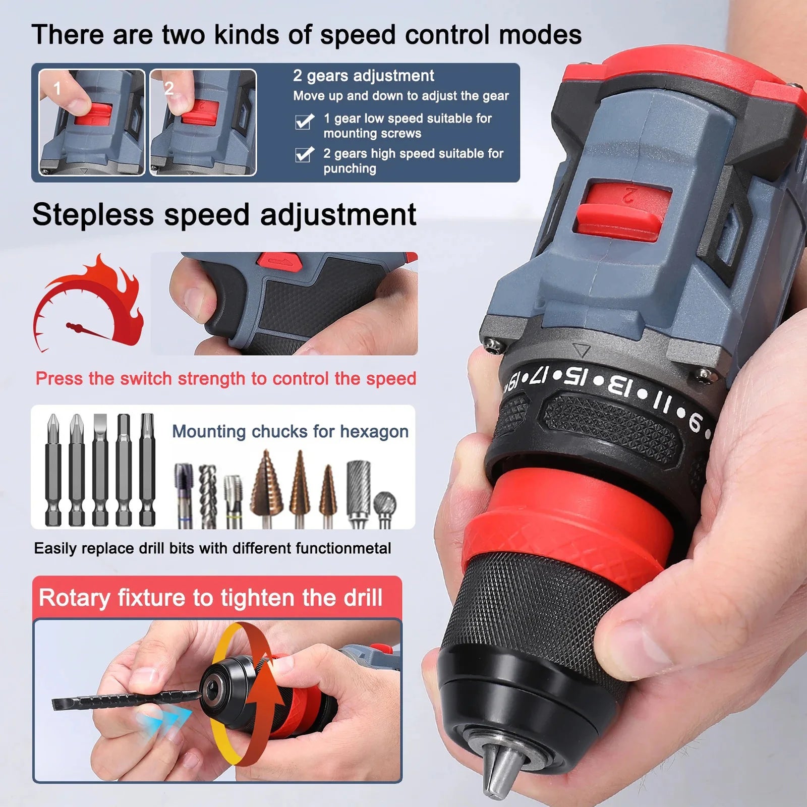 21V Cordless Electric Screwdriver Rechargeable 2 in 1 Brushless Impact Drill 2 Speed 55N.M Torque Power Tools with 2 Battery
