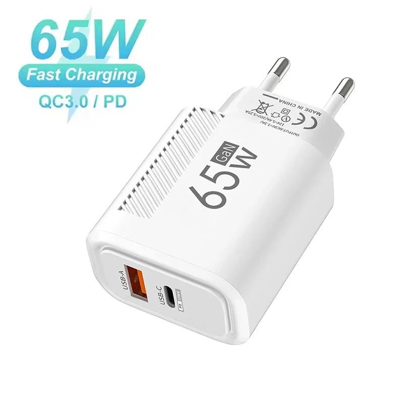 65W USB-C Charger GaN Fast Charging PD Type C Cable Mobile Phone Adapter Travel Wall Charger EU/US Plug For iPhone Xiaomi Huawei