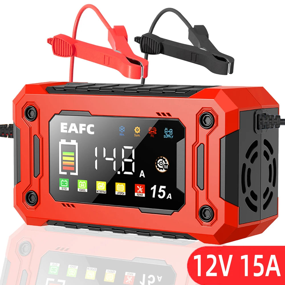 EAFC 12V 15A Smart Car Battery Charger Pulse Repair Automatic Start Fast Charger For Motorcycle Truck Lead Acid Batteries