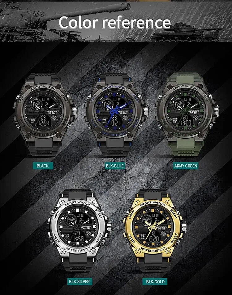 SANDA 739 Luxury Digital Quartz Watch for Men Military Army Waterproof Sport Wristwatches LED Dual Display Mens Reloj Hombre