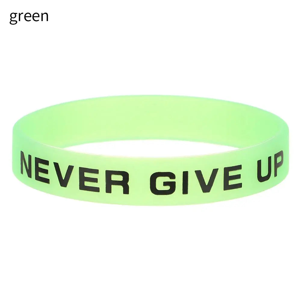 Fashion Teens Silicone Wristband Never Give Up Sport Cuff Bangle Luminous Rubber Bracelet Men Women