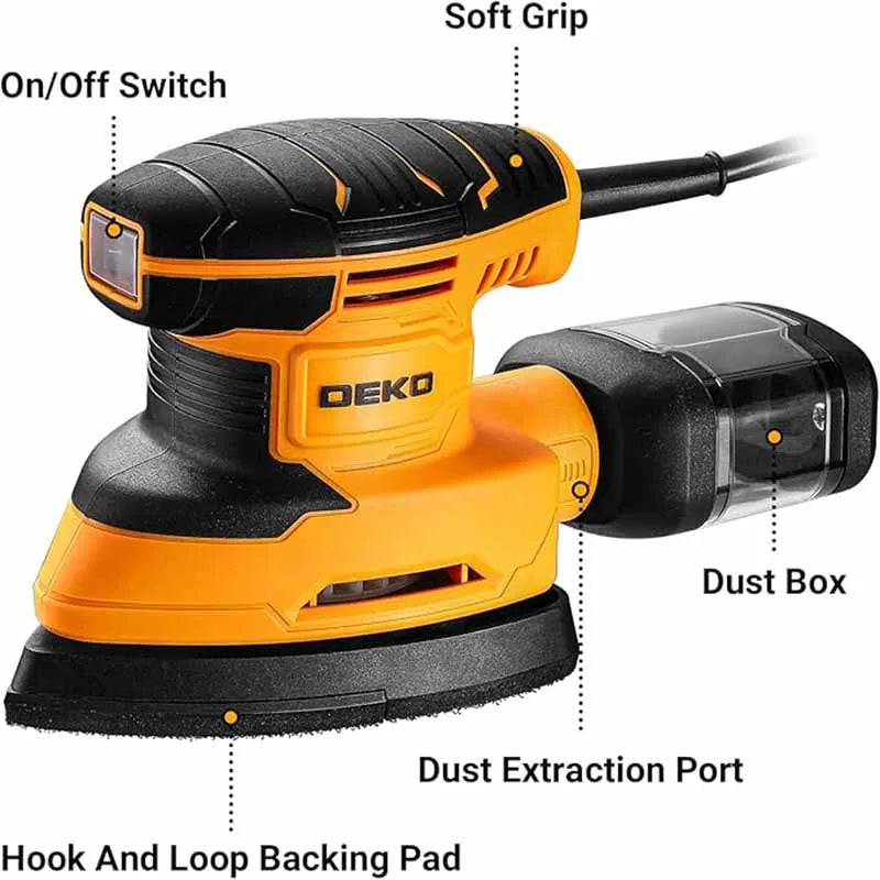 DEKO 220V Power Electric Mouse Sander Tool 13000rpm with 3 Sanding Pad 12 Sandpaper Dust Collection Sander for Wood Woodworking