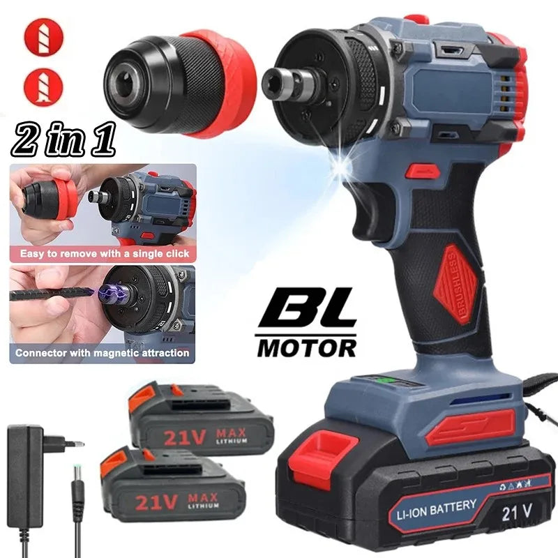 21V Cordless Electric Screwdriver Rechargeable 2 in 1 Brushless Impact Drill 2 Speed 55N.M Torque Power Tools with 2 Battery