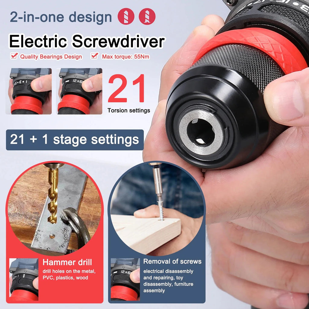 21V Cordless Electric Screwdriver Rechargeable 2 in 1 Brushless Impact Drill 2 Speed 55N.M Torque Power Tools with 2 Battery