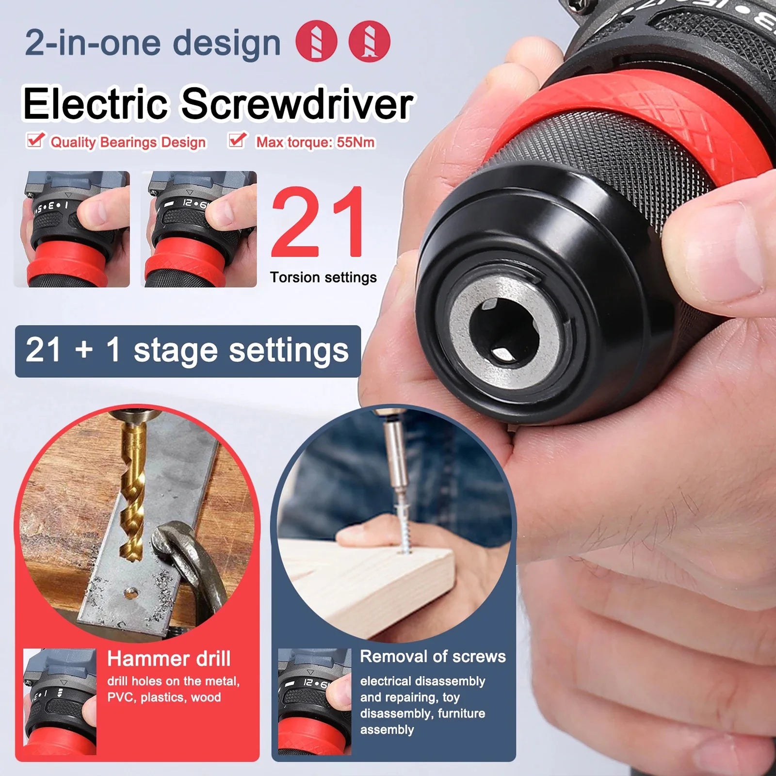 21V Cordless Electric Screwdriver Rechargeable 2 in 1 Brushless Impact Drill 2 Speed 55N.M Torque Power Tools with 2 Battery