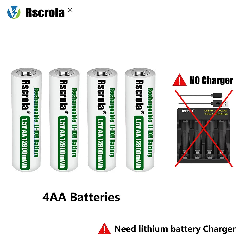 Rscrola Rechargeable 1.5V AA 12800mWh Lithium ion Battery Fast charging with Charger for Camare Clock  Mouse Fan Electric Toys