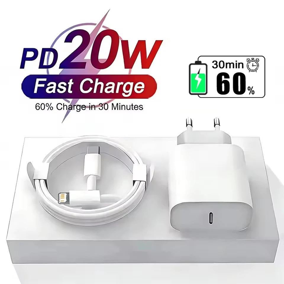 20W PD EU Plug Fast Wall Charger For iPhone 11 12 13 mini 14 Pro Max X XR XS Max USB-C Quick Charging Phone Charger PD Cable Kit