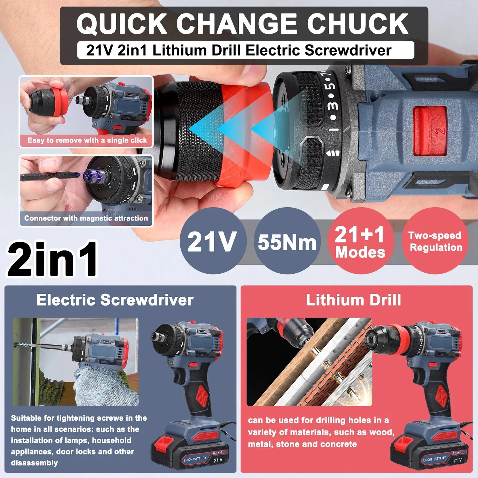 21V Cordless Electric Screwdriver Rechargeable 2 in 1 Brushless Impact Drill 2 Speed 55N.M Torque Power Tools with 2 Battery