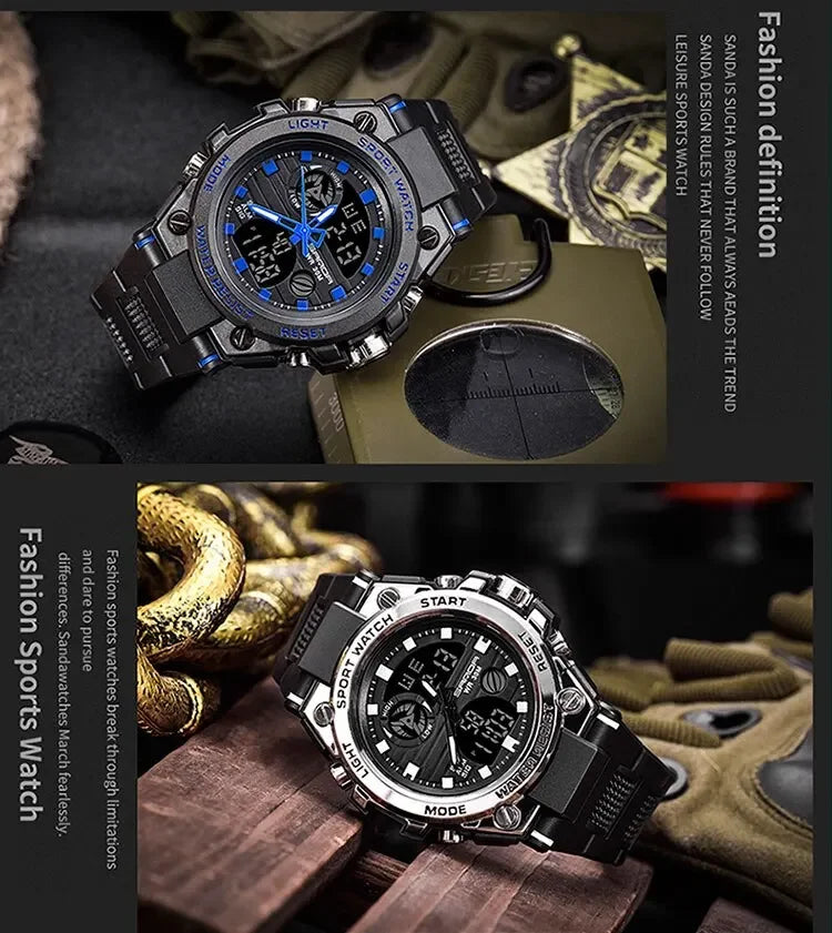 SANDA 739 Luxury Digital Quartz Watch for Men Military Army Waterproof Sport Wristwatches LED Dual Display Mens Reloj Hombre