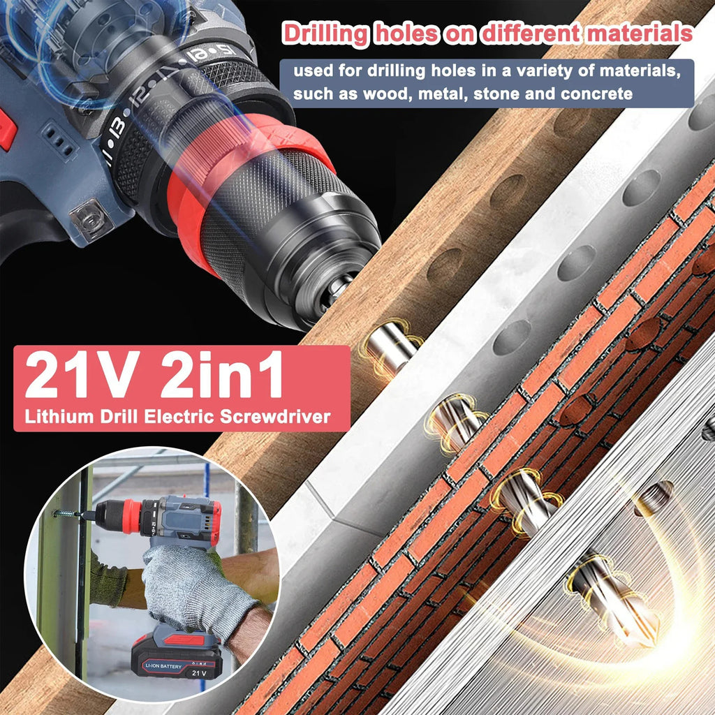 21V Cordless Electric Screwdriver Rechargeable 2 in 1 Brushless Impact Drill 2 Speed 55N.M Torque Power Tools with 2 Battery