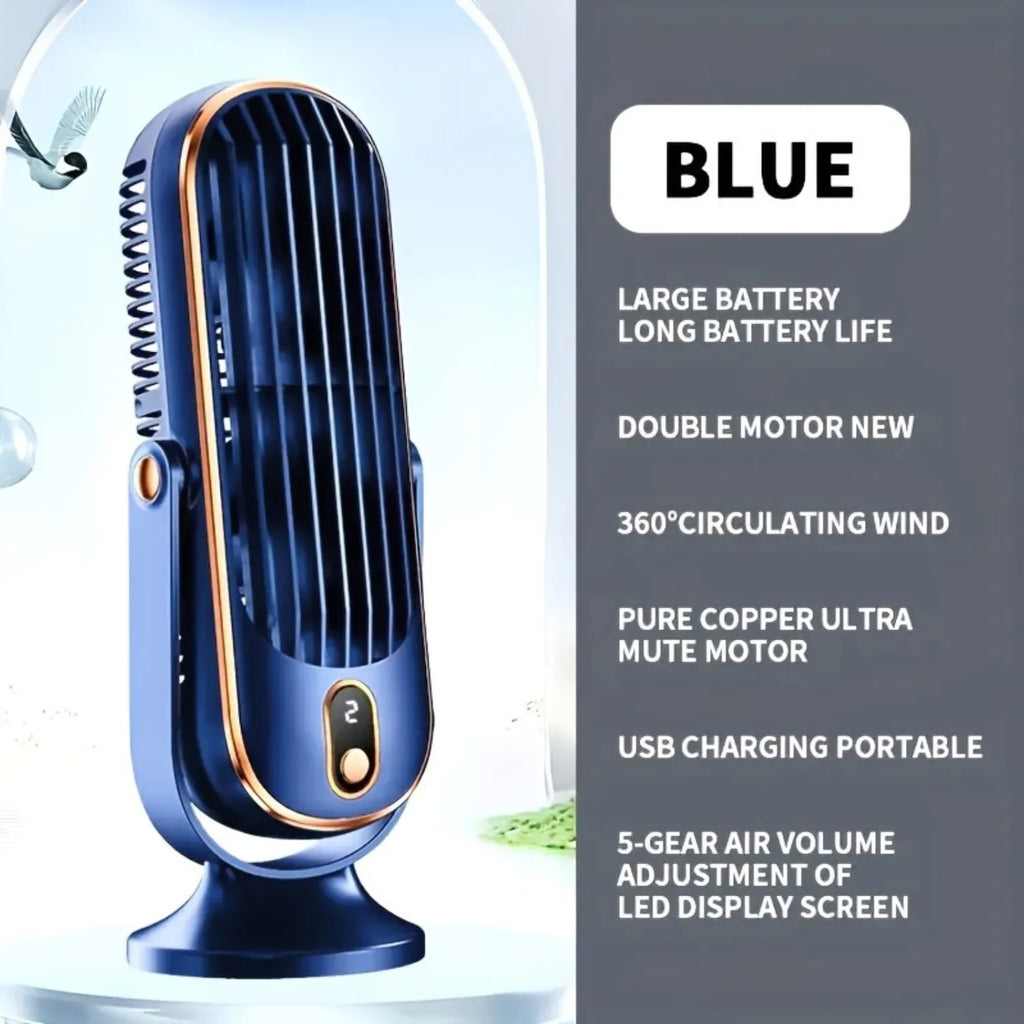 Portable USB Desk Fan Dual Motor 5-Speed LED Large Battery 360° Cooling Quiet for Office Home Travel Camping RV