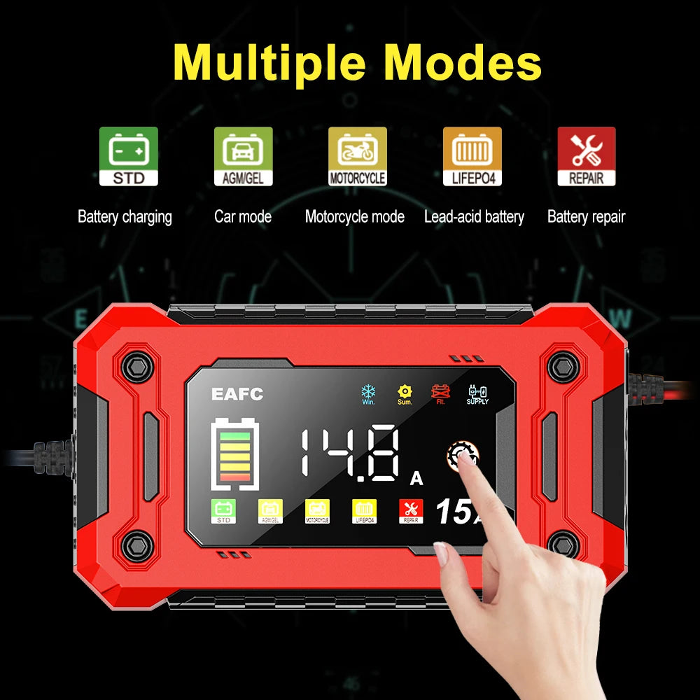 EAFC 12V 15A Smart Car Battery Charger Pulse Repair Automatic Start Fast Charger For Motorcycle Truck Lead Acid Batteries