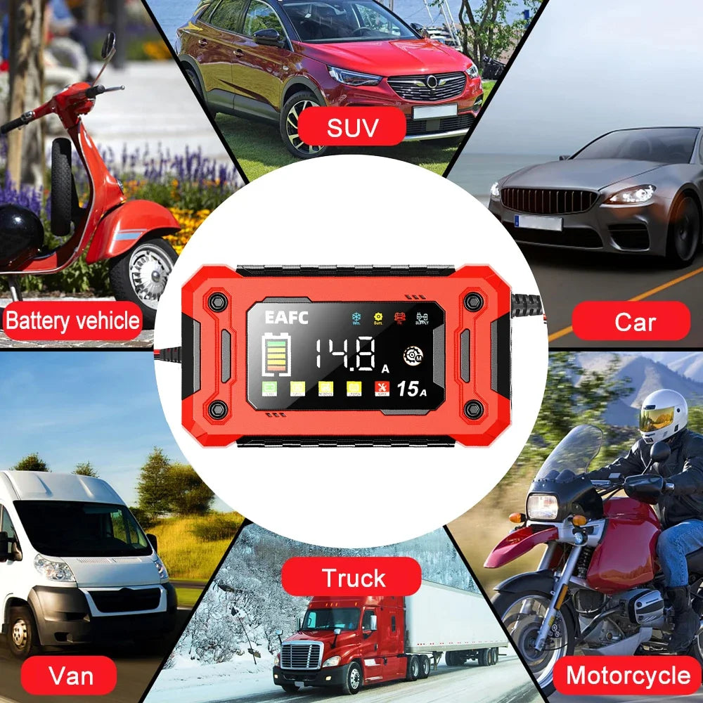 12V 15A/8A  Smart Car Battery Charger Pulse Repair Automatic Start Fast Charger Motorcycle Truck Lead Acid Batteries