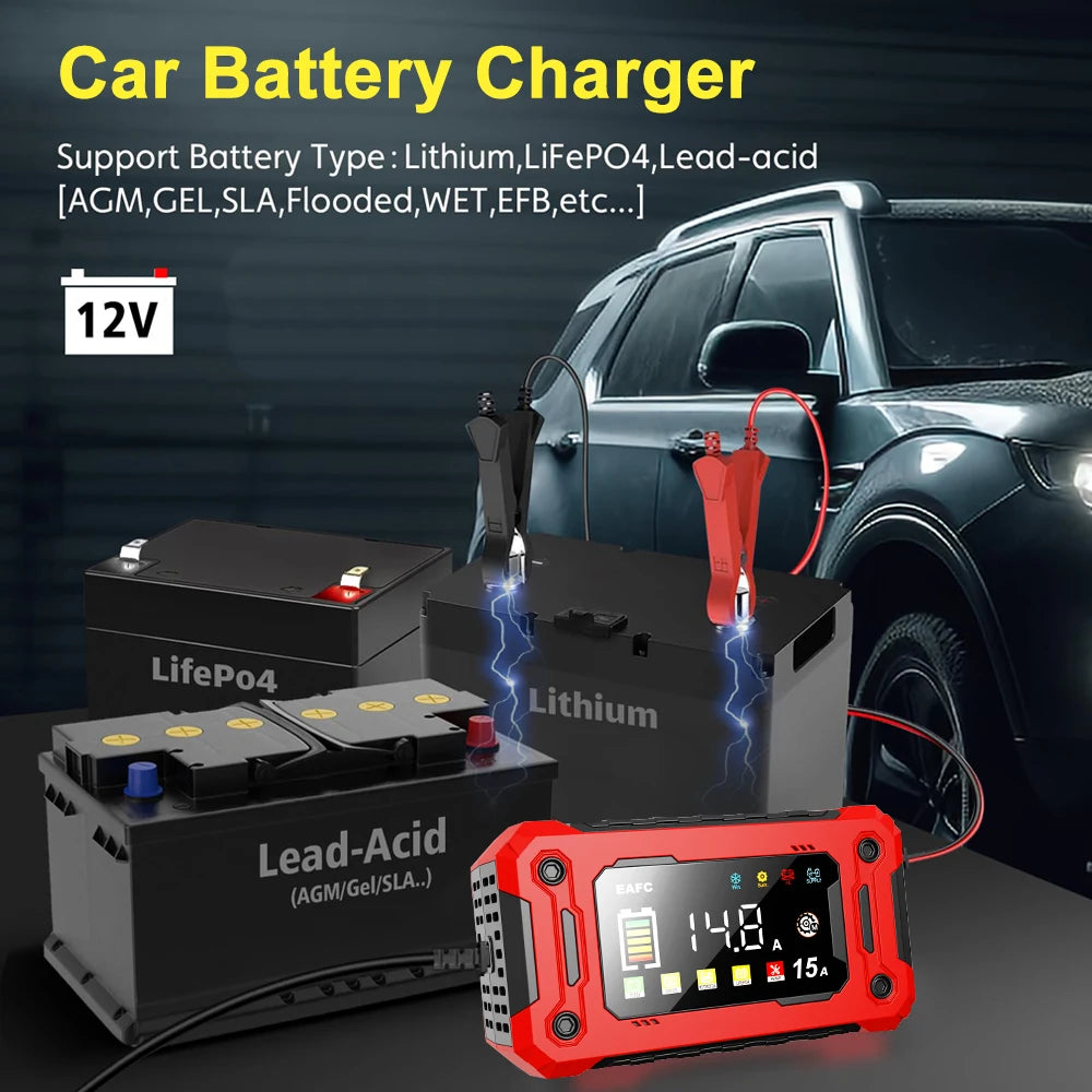 EAFC 12V 15A Smart Car Battery Charger Pulse Repair Automatic Start Fast Charger For Motorcycle Truck Lead Acid Batteries