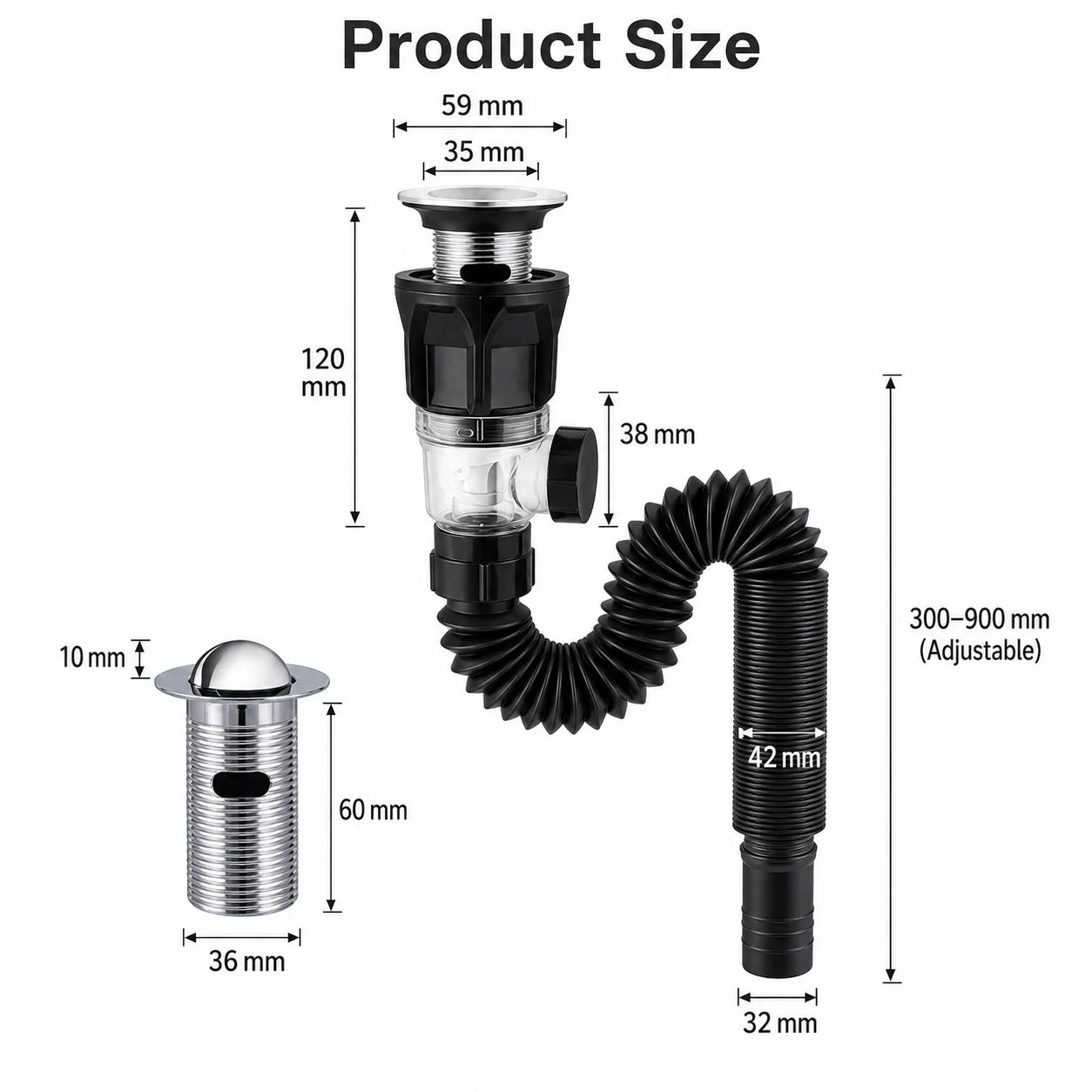 1-5Pcs Kitchen ABS Sink Drain Kit Drain Stopper Flexible Hose Body Stainless Steel Top Side Outlet Basin Drain Pipe Set
