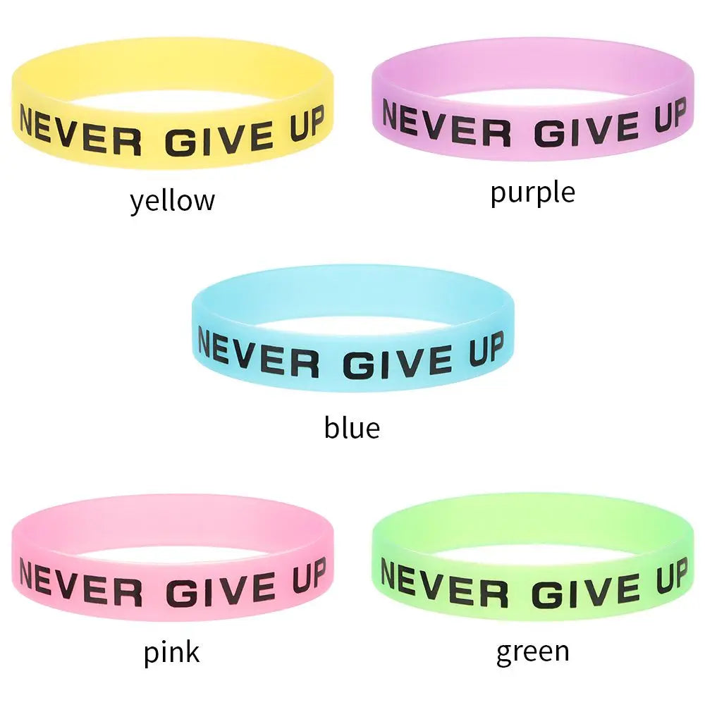 Fashion Teens Silicone Wristband Never Give Up Sport Cuff Bangle Luminous Rubber Bracelet Men Women