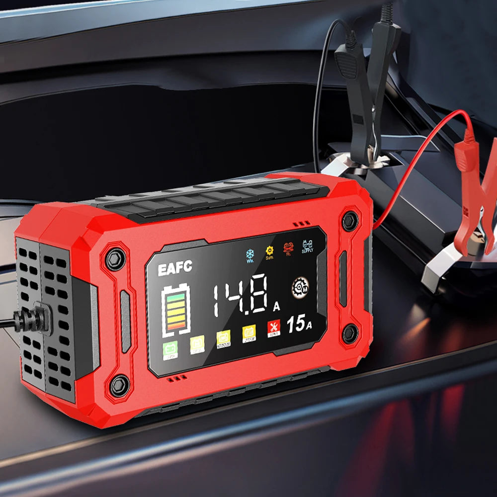 12V 15A/8A  Smart Car Battery Charger Pulse Repair Automatic Start Fast Charger Motorcycle Truck Lead Acid Batteries