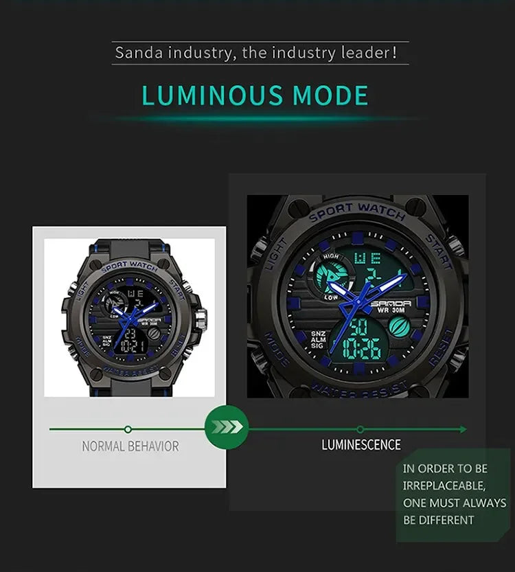 SANDA 739 Luxury Digital Quartz Watch for Men Military Army Waterproof Sport Wristwatches LED Dual Display Mens Reloj Hombre