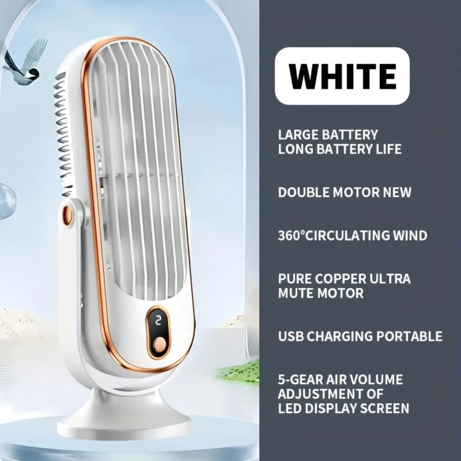 Portable USB Desk Fan Dual Motor 5-Speed LED Large Battery 360° Cooling Quiet for Office Home Travel Camping RV