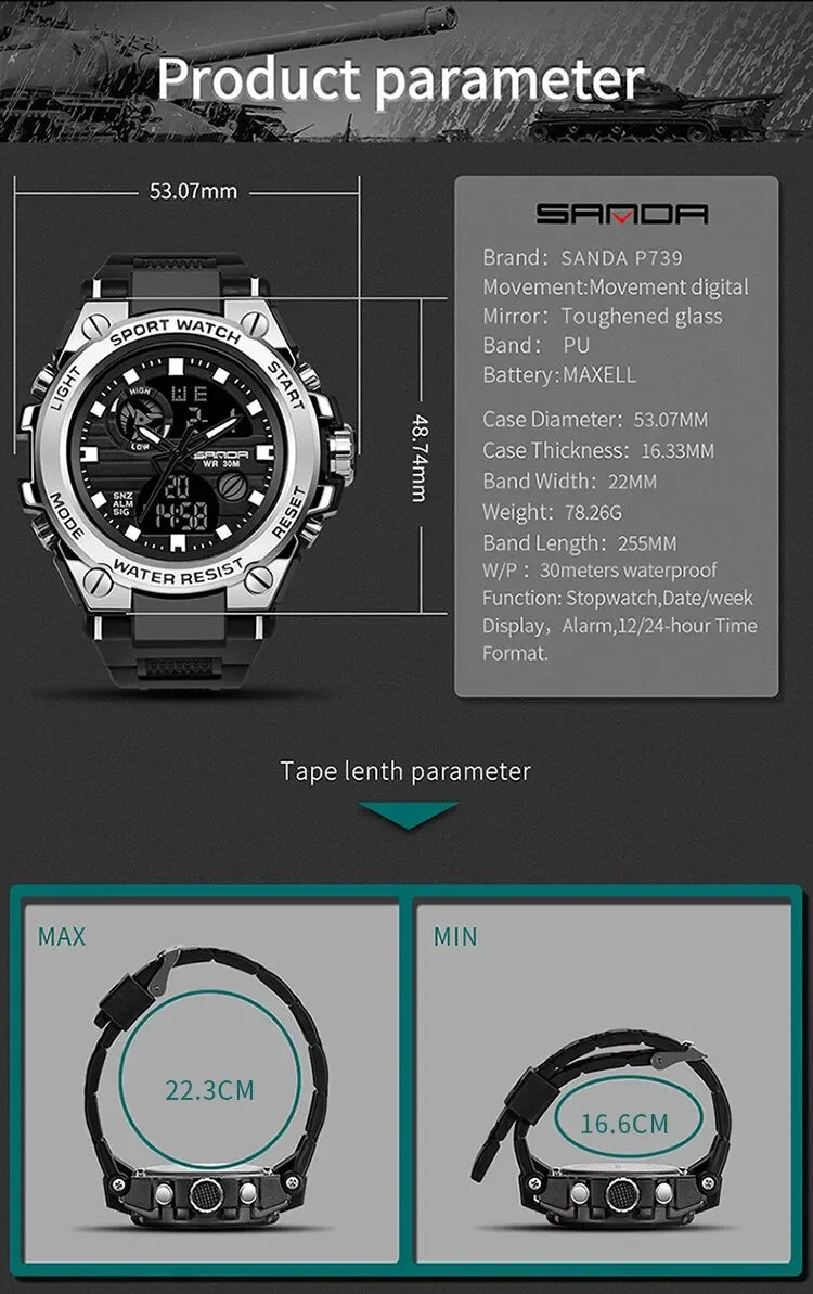 SANDA 739 Luxury Digital Quartz Watch for Men Military Army Waterproof Sport Wristwatches LED Dual Display Mens Reloj Hombre