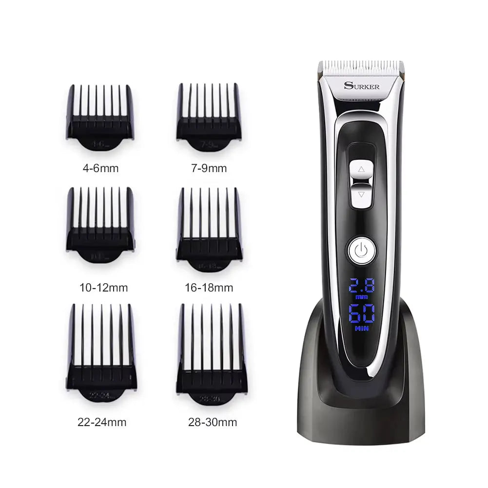 Surker Electric Hair Clipper Set Ceramic Blade Hair Trimmer for Men Charging Base Hair Cutting Machine with LED Display