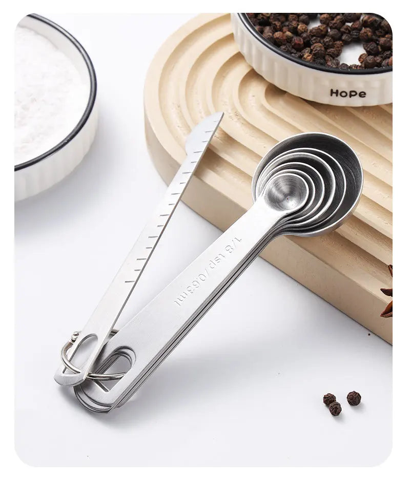 Stainless steel measuring spoon 4/6/7/8 pcs set with scale measuring ruler spoon kitchen coffee baking measuring tool set