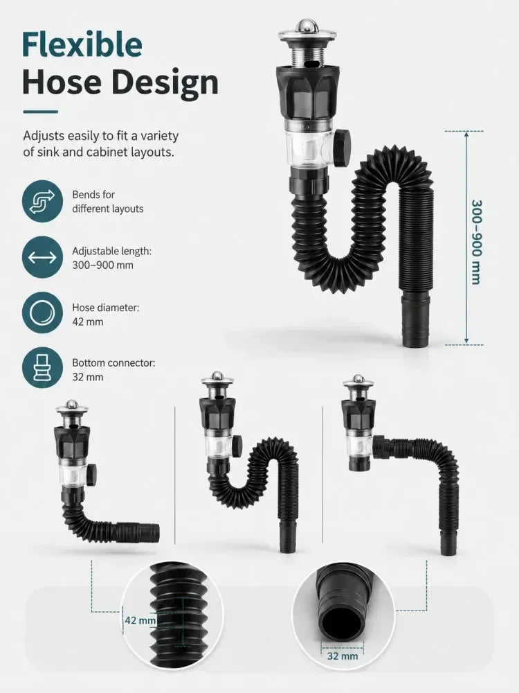 1-5Pcs Kitchen ABS Sink Drain Kit Drain Stopper Flexible Hose Body Stainless Steel Top Side Outlet Basin Drain Pipe Set