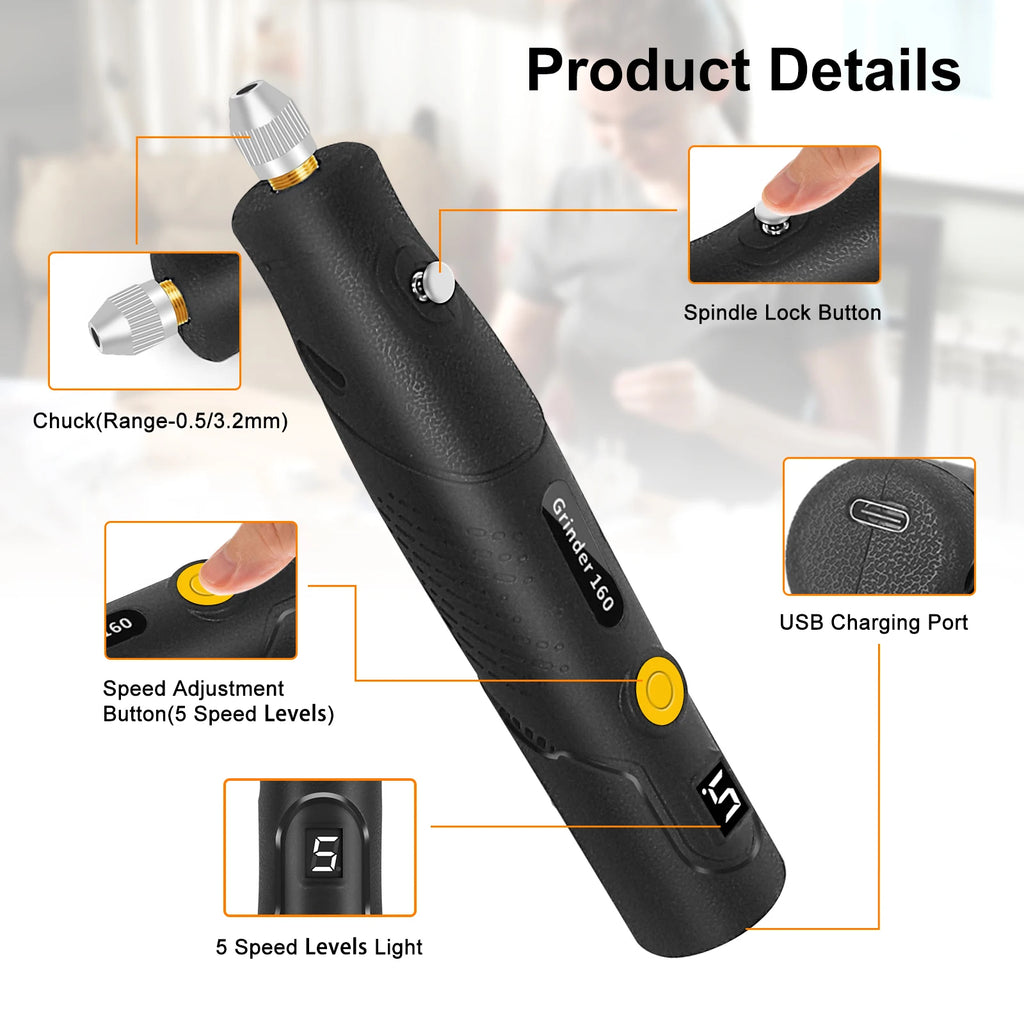 Toolour Cordless Rotary Tool with Display 5000-18000RPM 5-Speed Adjust Electric Carving Pen for DIY Projects/Home Repair/Craft
