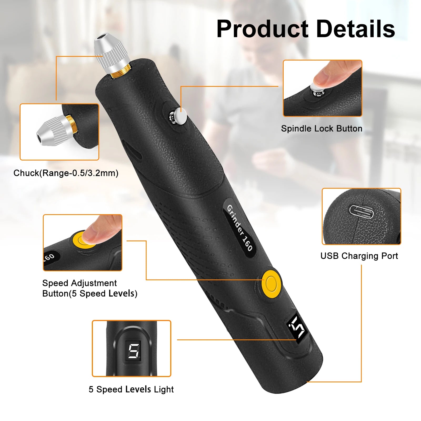 Toolour Cordless Rotary Tool with Display 5000-18000RPM 5-Speed Adjust Electric Carving Pen for DIY Projects/Home Repair/Craft