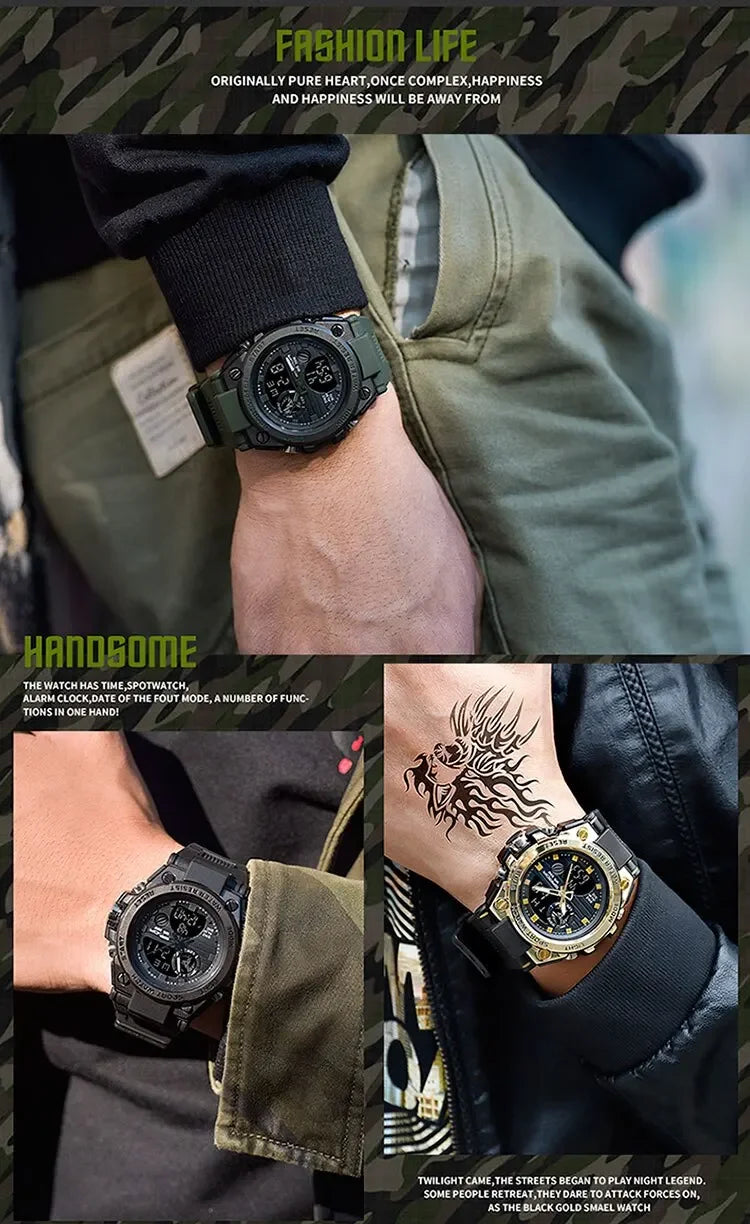 SANDA 739 Luxury Digital Quartz Watch for Men Military Army Waterproof Sport Wristwatches LED Dual Display Mens Reloj Hombre
