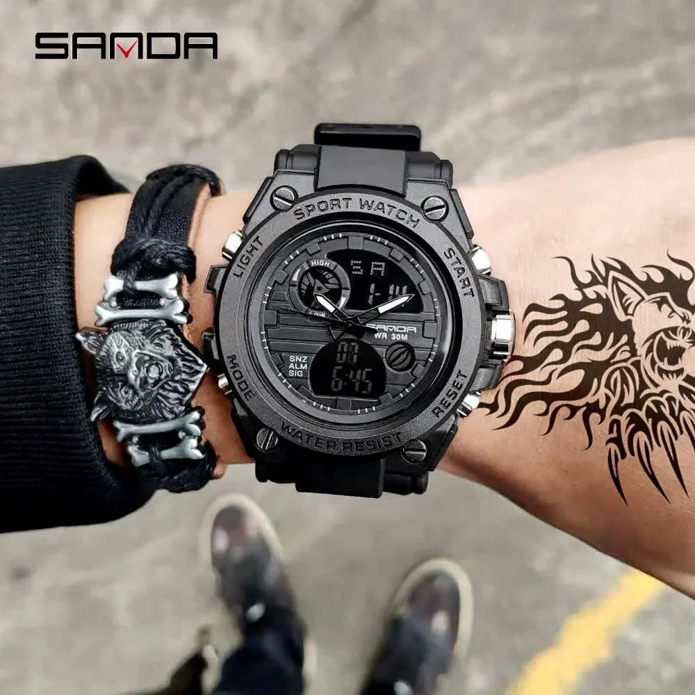 SANDA 739 Luxury Digital Quartz Watch for Men Military Army Waterproof Sport Wristwatches LED Dual Display Mens Reloj Hombre