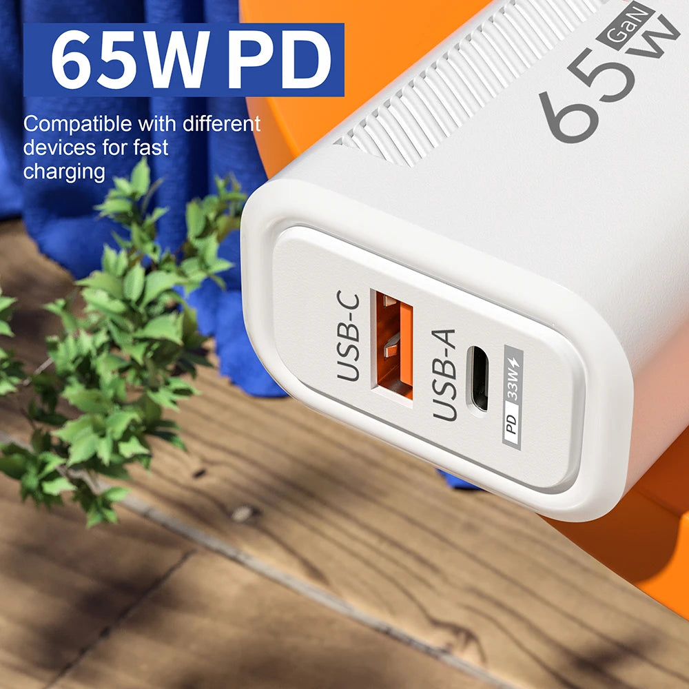 65W USB-C Charger GaN Fast Charging PD Type C Cable Mobile Phone Adapter Travel Wall Charger EU/US Plug For iPhone Xiaomi Huawei